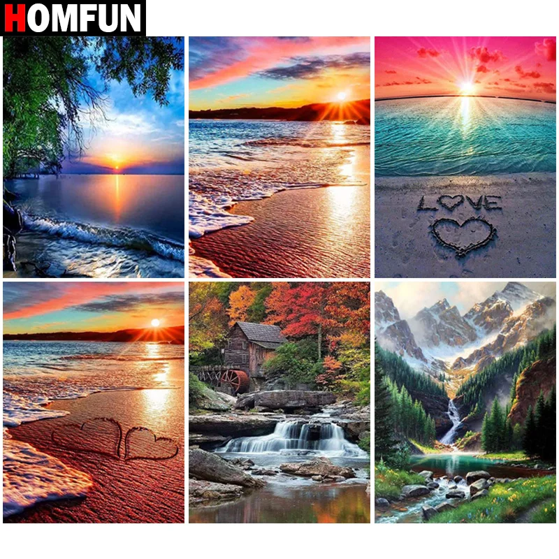 

Алмазная 5D картина HOMFUN «сделай сам», пейзаж, закат, водопад, полная вышивка из смолы, вышивка крестиком, украшение для дома