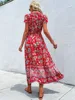 JIM & NORA Vintage Floral Boho Printed Vestidos Women Short Sleeves V Neck Slit Midi Dresses A Line Bohemian Summer Beach Dress 5