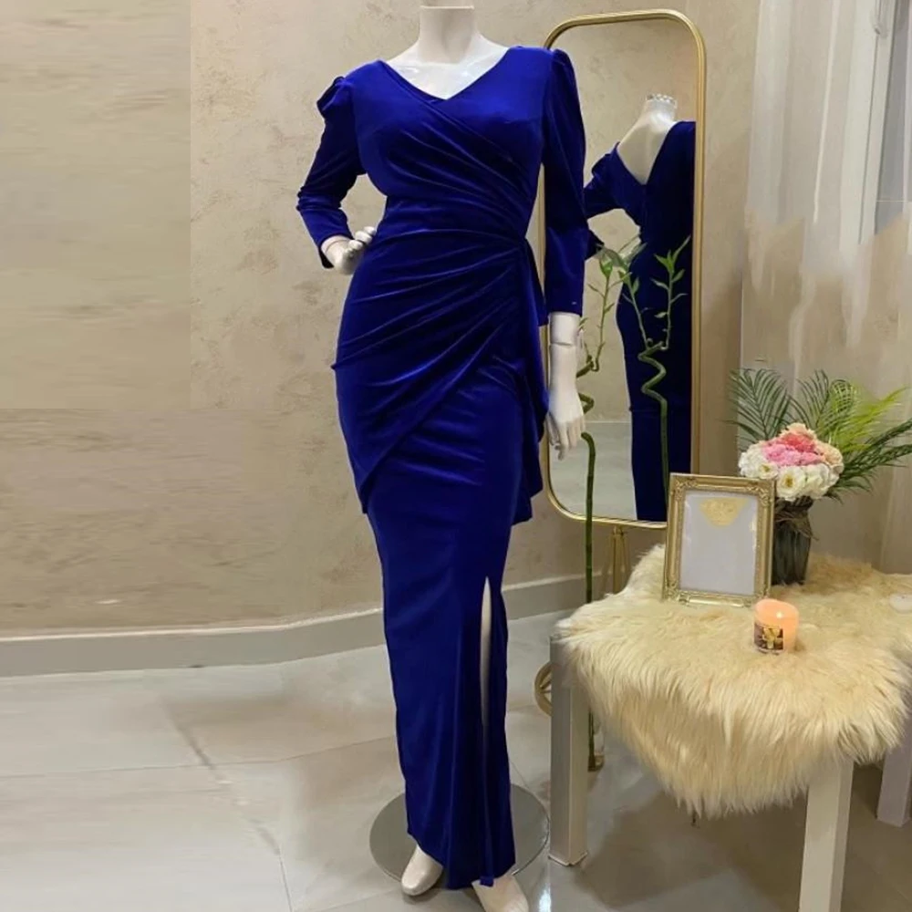 

Velour Blue Evening Dresses Mermaid 2022 Party Dresses Robes De Soirée Long Sleeves Side Split Floor Length Formal Party Gowns