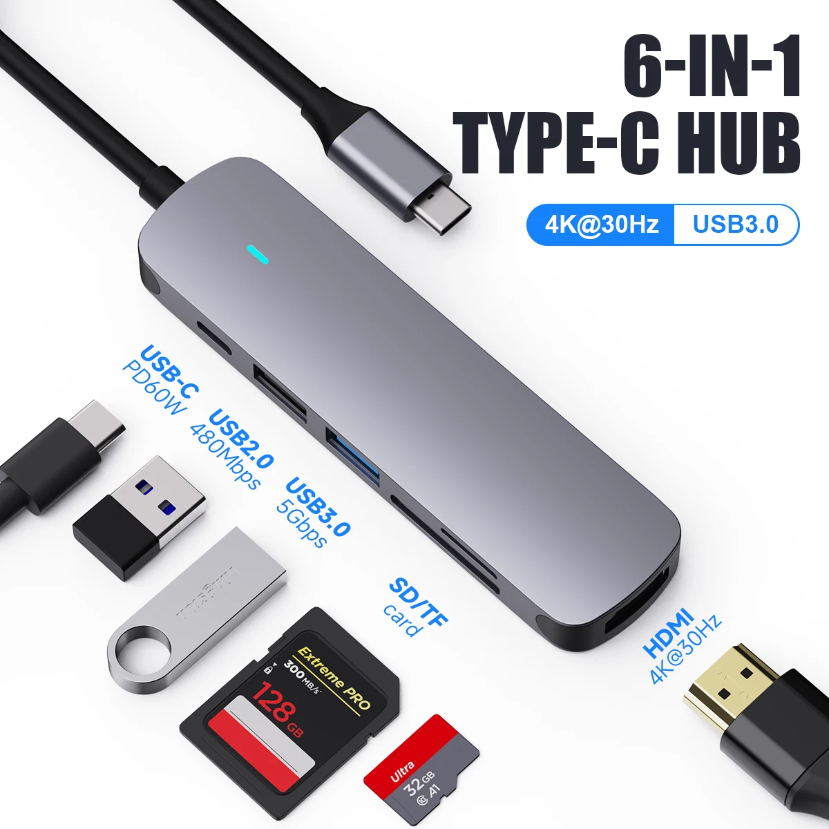 

USB 3.1 Type-C To HDMI Adapter 4K Thunderbolt USB C Hub 3.0 2.0 TF SD Reader Slot PD 60W for MacBookPro Air USB C Splitter
