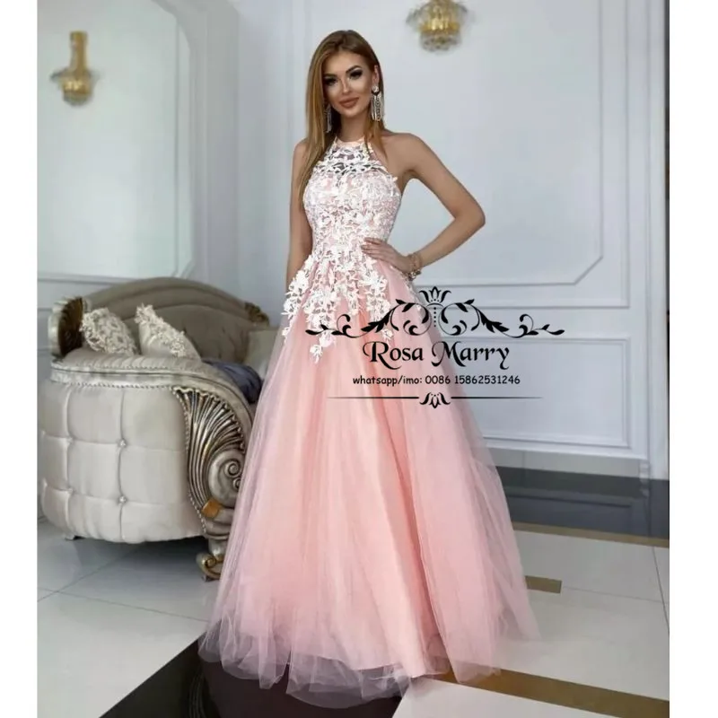 

Pink Halter A Line Prom Dresses Sexy Backless Vintage Lace Appliques Plus Size Girls Engagement Formal Evening Party Wears