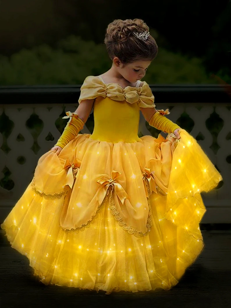 Uporpor LED Girls Beauty and the Beast Cosplay Princess Dress For Kids Halloween Carnival Children Christmas Belle Clothes Dress