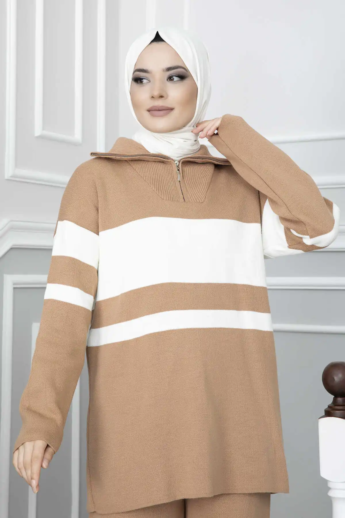 Women Clothing Zipper Detailed Double Color Hijab Suit Abaya 2022 Autumn Winter Blouses Fashion Muslim Sets Long Sleeve Turkish