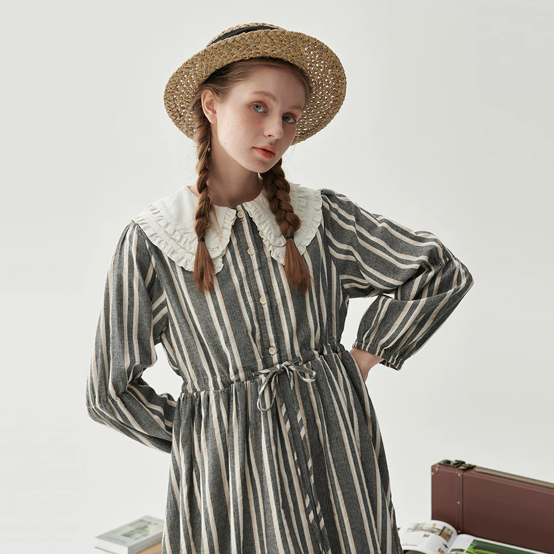 Leorlax original retro college style striped long-sleeved collision color niche lapel double hem design dress J0001