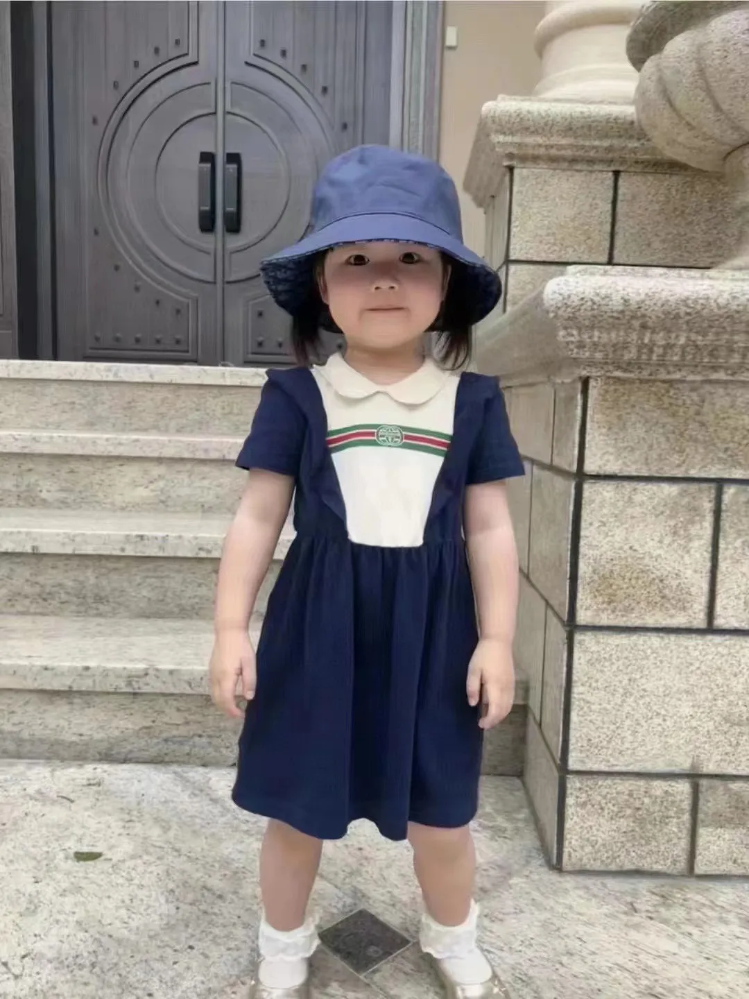 

Girls' dress this summer new slightly elastic navy blue rice white splicing