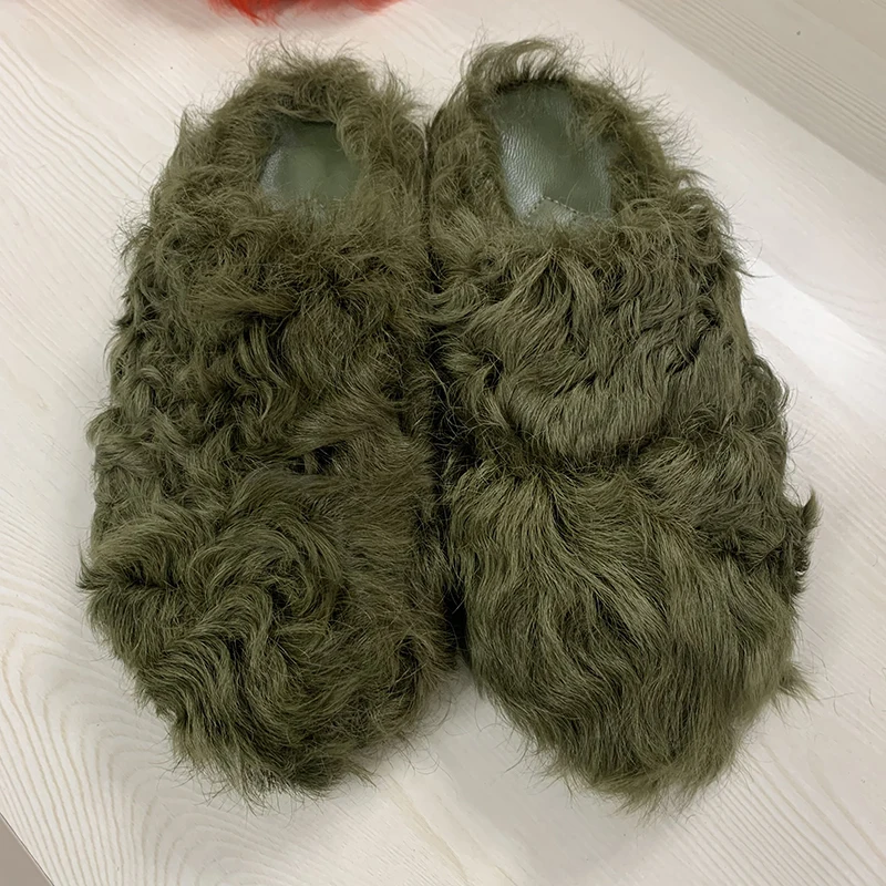 2023 Women Lamb Fur Slides Shoes Chunky Real Long Hair Sheep Lamb Fur Slippers Sheep Fur Slides Customized Color S3484