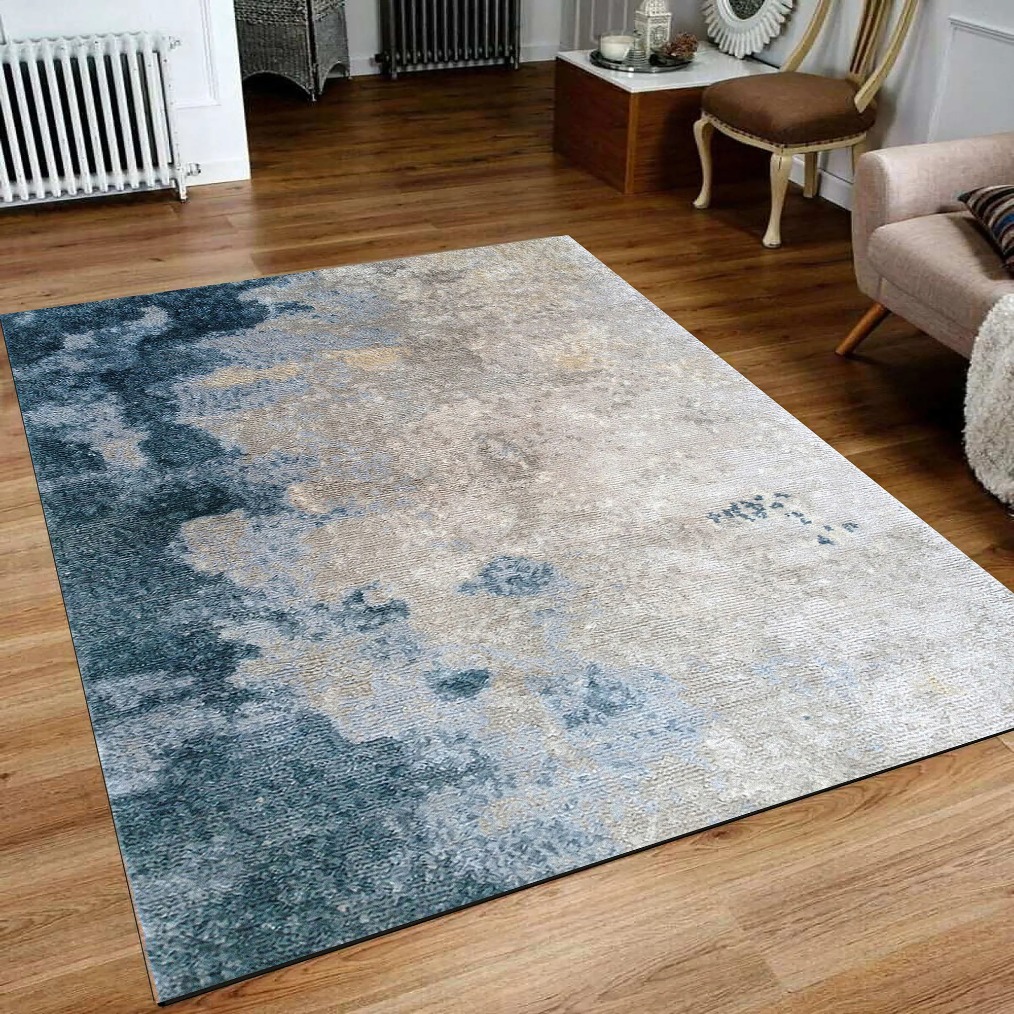 

Luxury Blue Beige Turkish Area Rug For Living Room, Woven Runner Large Carpet For Bedroom, Home Decoration Door Mat Retro Floor