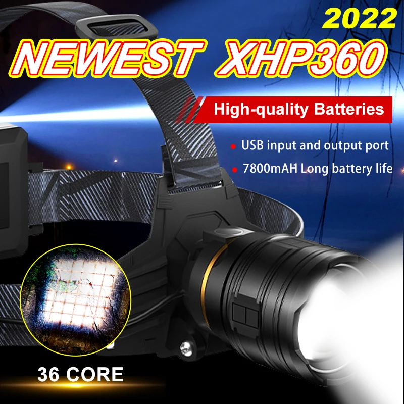 New XHP360 36-Core Powerful Headlamp XHP220 LED USB Flashlight 7800mAH Headlight Lantern Rechargeable Zoom Torch Light 8000000LM