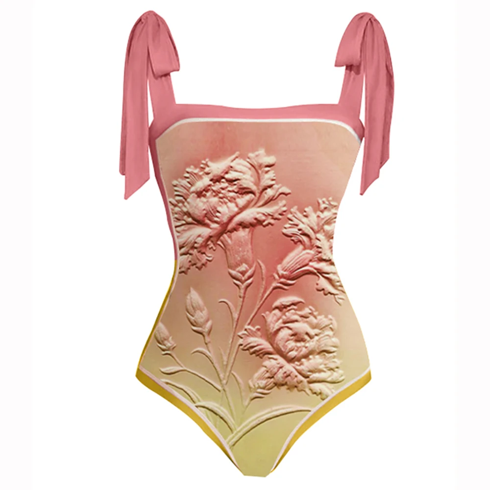 Swimwear 2022 Fashion Vintage Floral Design Gradient Bikini Set Sexy One Piece Swimsuit and Cover Up Women Bathing Suit Backless