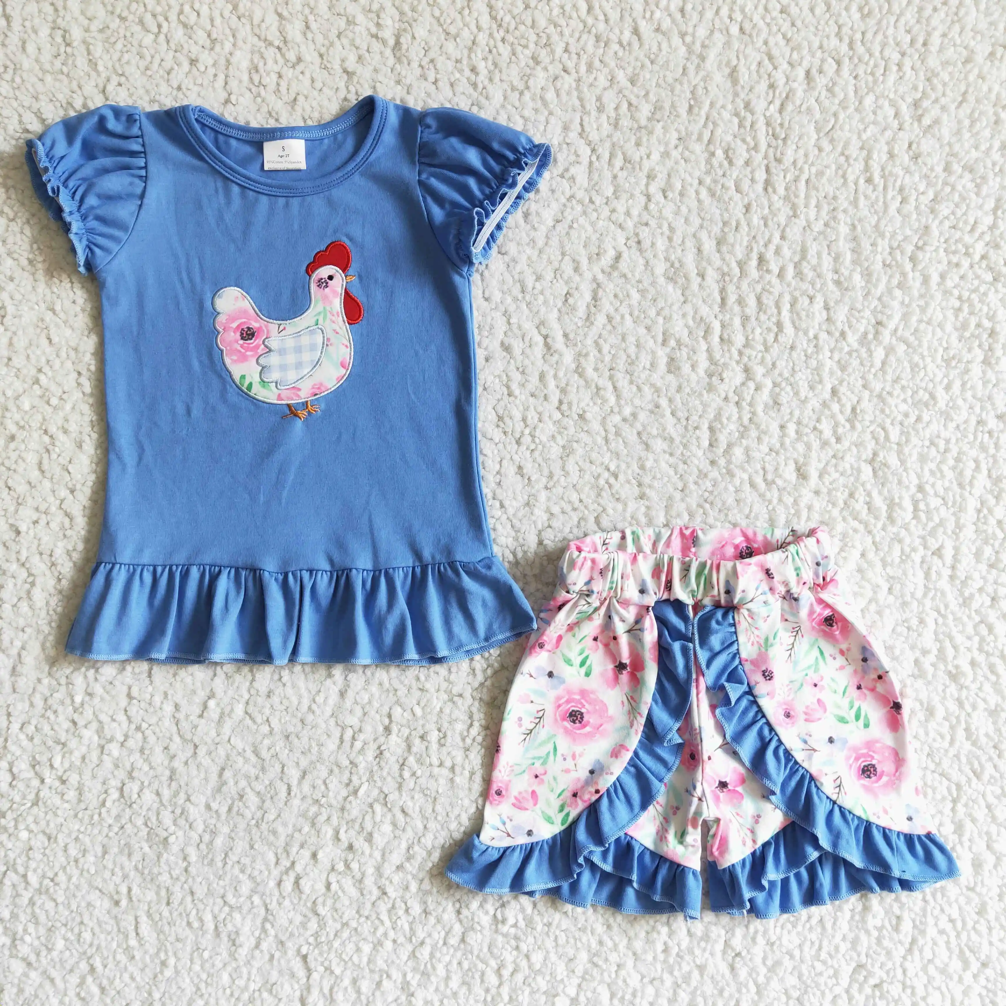 

applique girl short sleeve blue chicken top and floral ruffle shorts girl clothing set ruffle girl summer set boutique kids