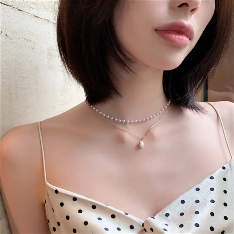 

2022 New in Necklaces for Women Beads Neck Chain Sliver Gold Color Multi-layer Necklace Pearl Pendant Kpop Fashion Chocker
