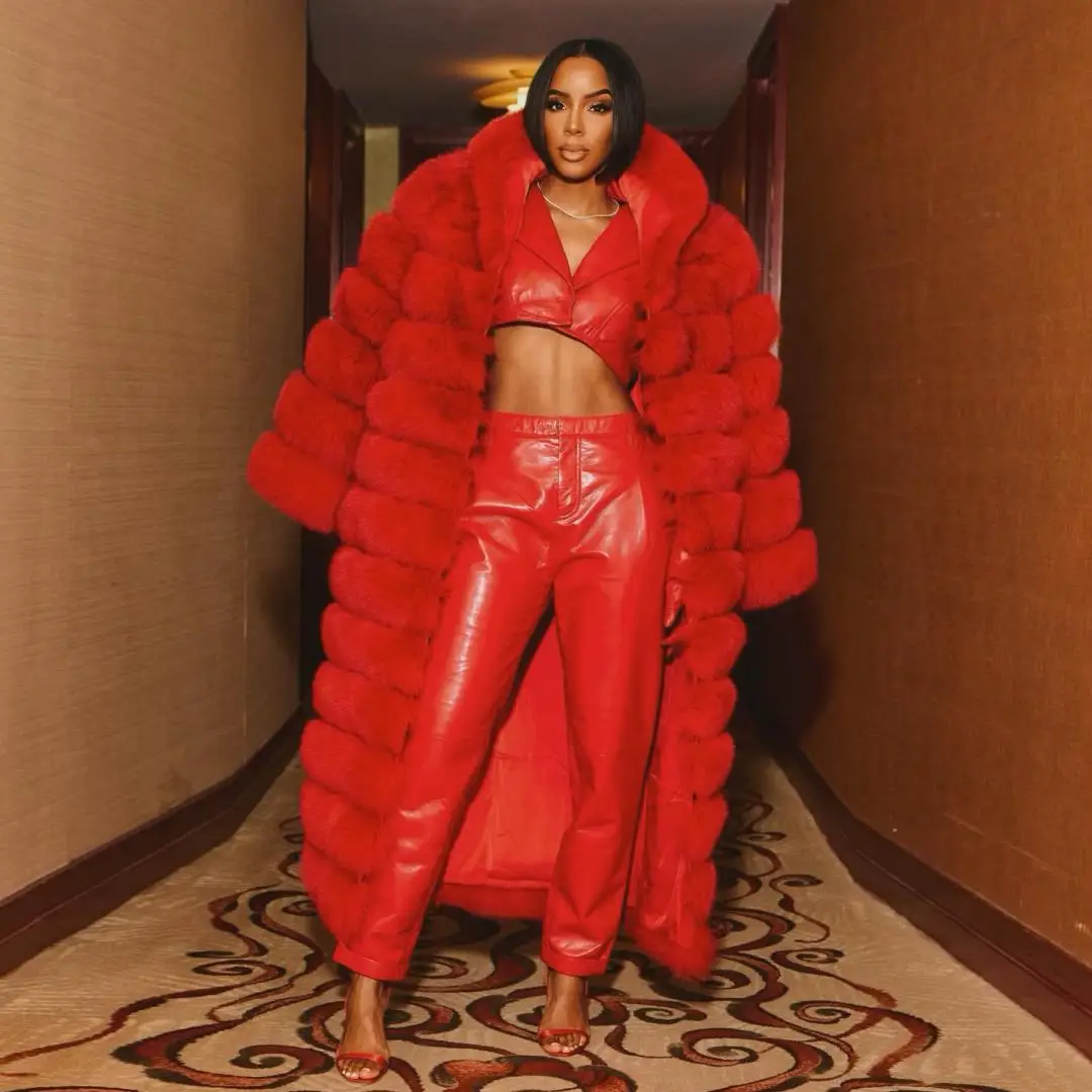 Модное Длинное Красное женское пальто с воротником лацканами