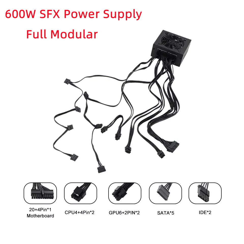 

Блок питания SFX 600 Вт для ПК, модульный блок питания APFC PSU ATX, компьютерный импульсный источник питания для ПК, игровой блок питания макс. 750 Вт