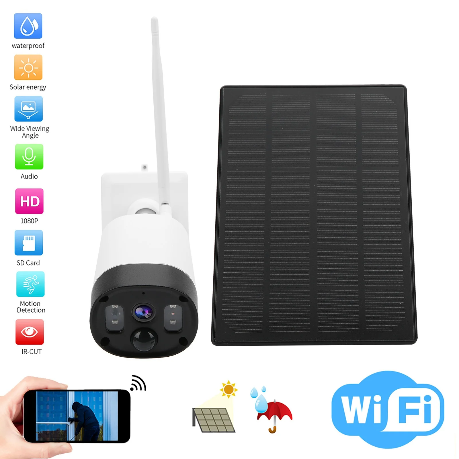 

Solar Wifi Camera 1080P HD Motion Detection 2 Way Real‑Time Voice Intercom IP65 Waterproof for Home Security