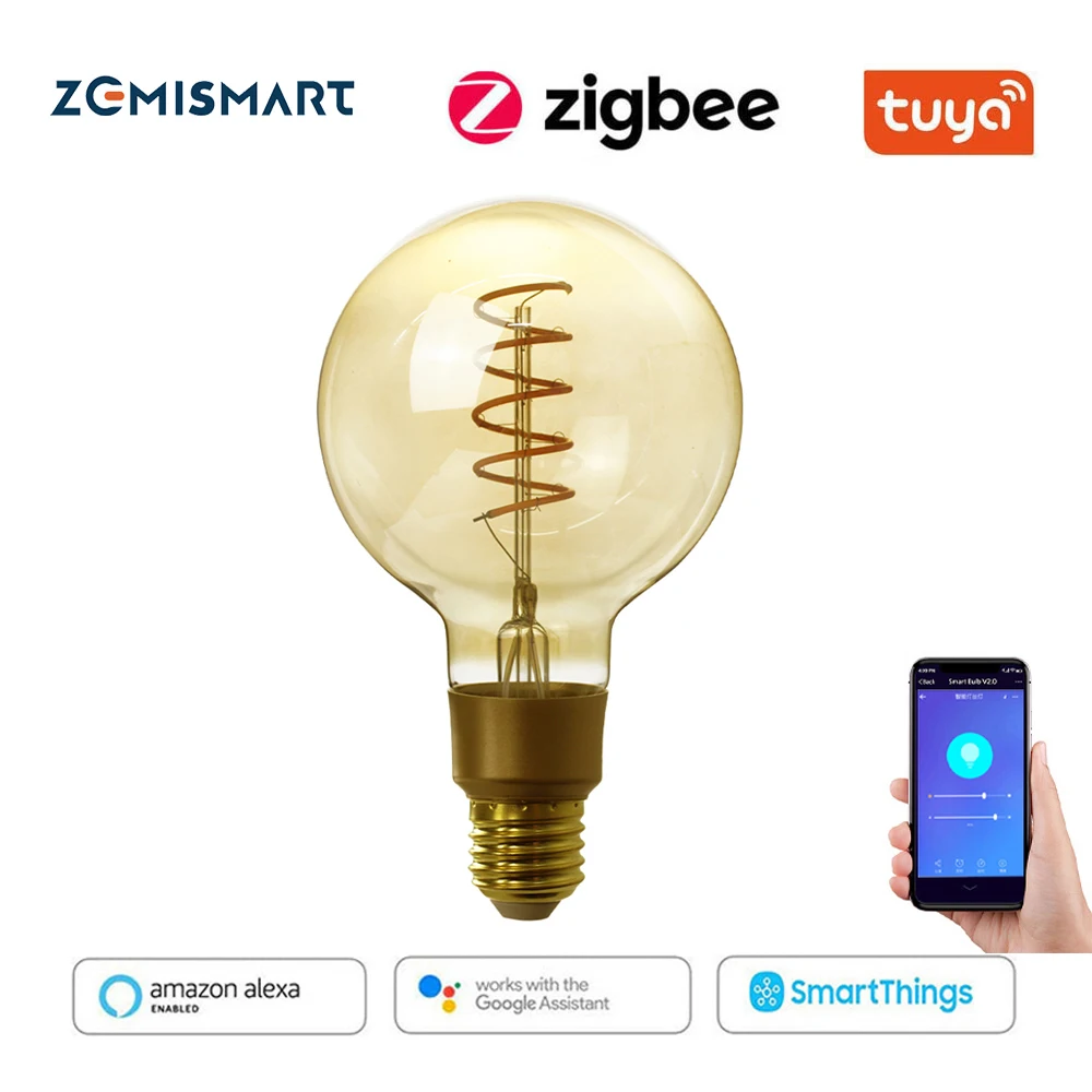 

Zemismart TUYA Smart Zigbee E27 Retro Edison LED Filament Bulb App Control Smart Alexa Google Home 220v G95 Round Tungsten Lamp