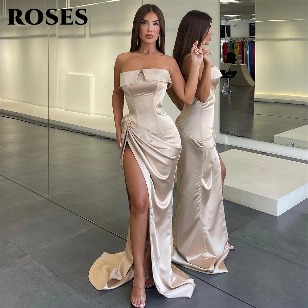 

Champagen Luxury Mermaid Evening Dress Off Shoulder Ruched Side Slit Shiny Satin Bride Prom Dress Arabia Party Gowns robe soirée
