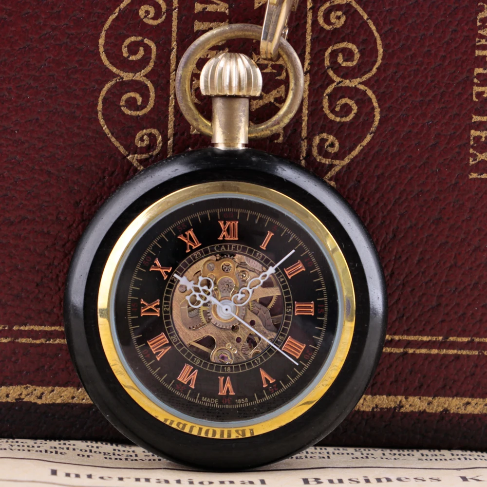 Black Charm Wood Mechanical Pocket Watch Men Antique Simple Design Hand Wind Casual Mens Pocket Watches Male Best Gift