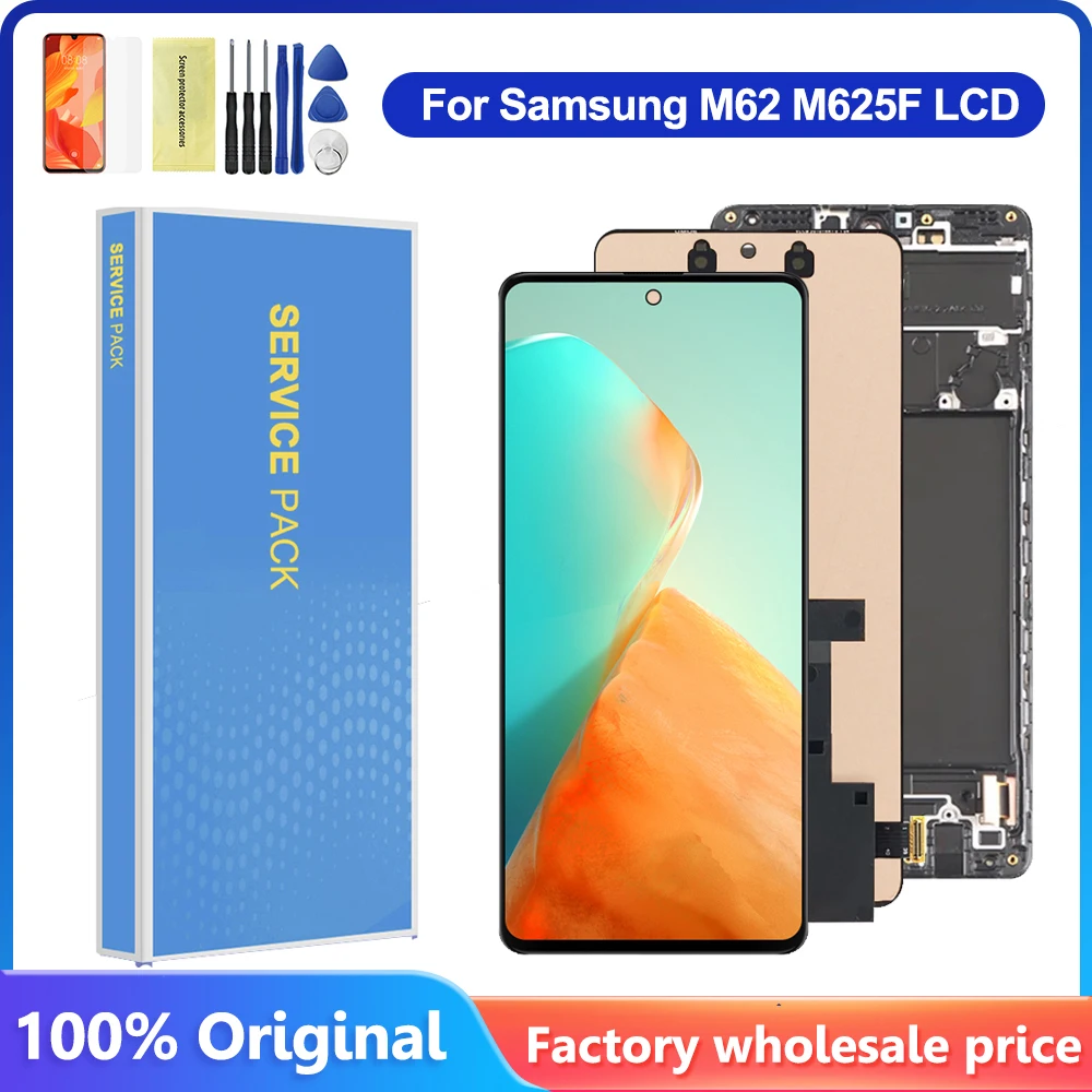 

Оригинальный, с рамкой для Samsung Galaxy M62, ЖК-дисплей, фотографический дисплей, сенсорный экран, дигитайзер в сборе, замена