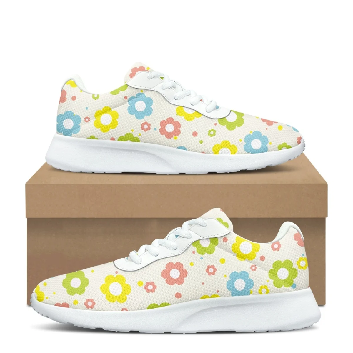 

Colorful Flowers Pattern Air Mesh Sneakers for Women Convenient Lace Up Cozy Outdoor Sneakers Men's Training Basketball Shoes