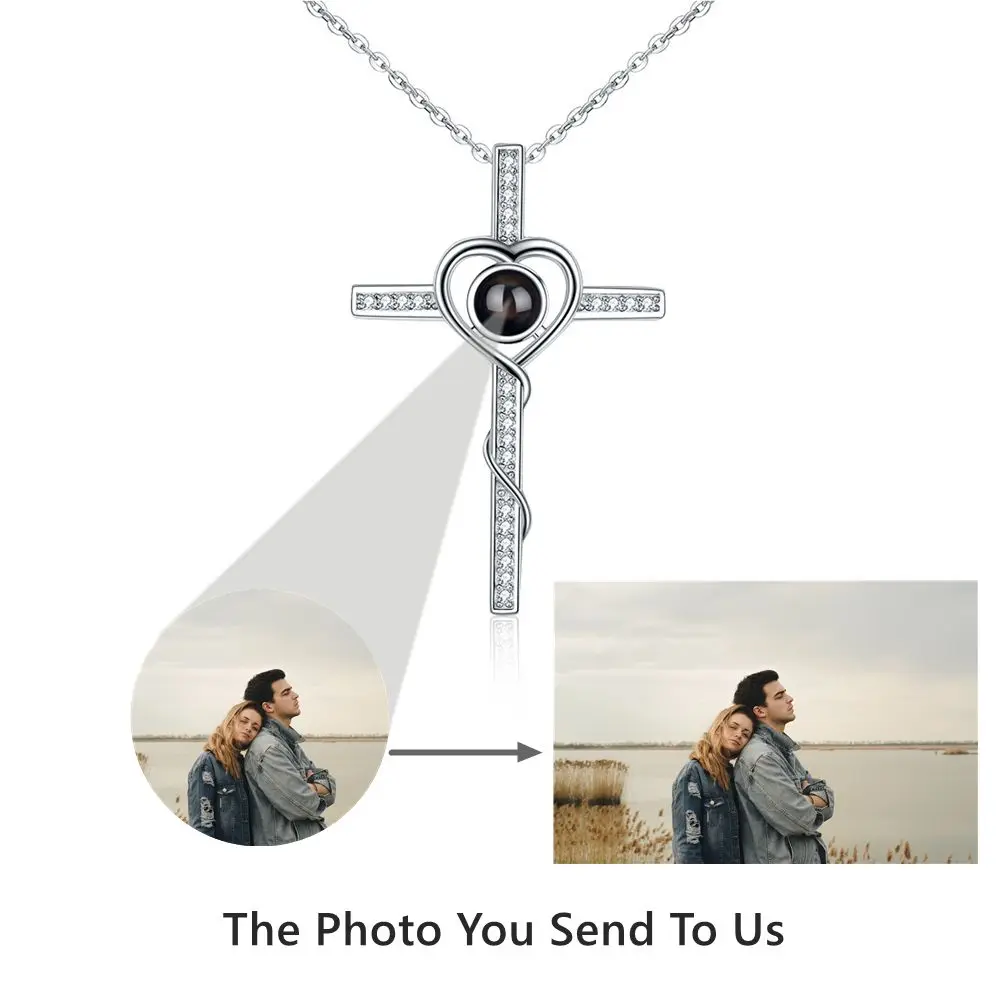 Projection Photo Necklace Personalized Custom Photo Necklace for Women Vintage Dainty Choker Cross Heart Pendant Elegant Jewelry