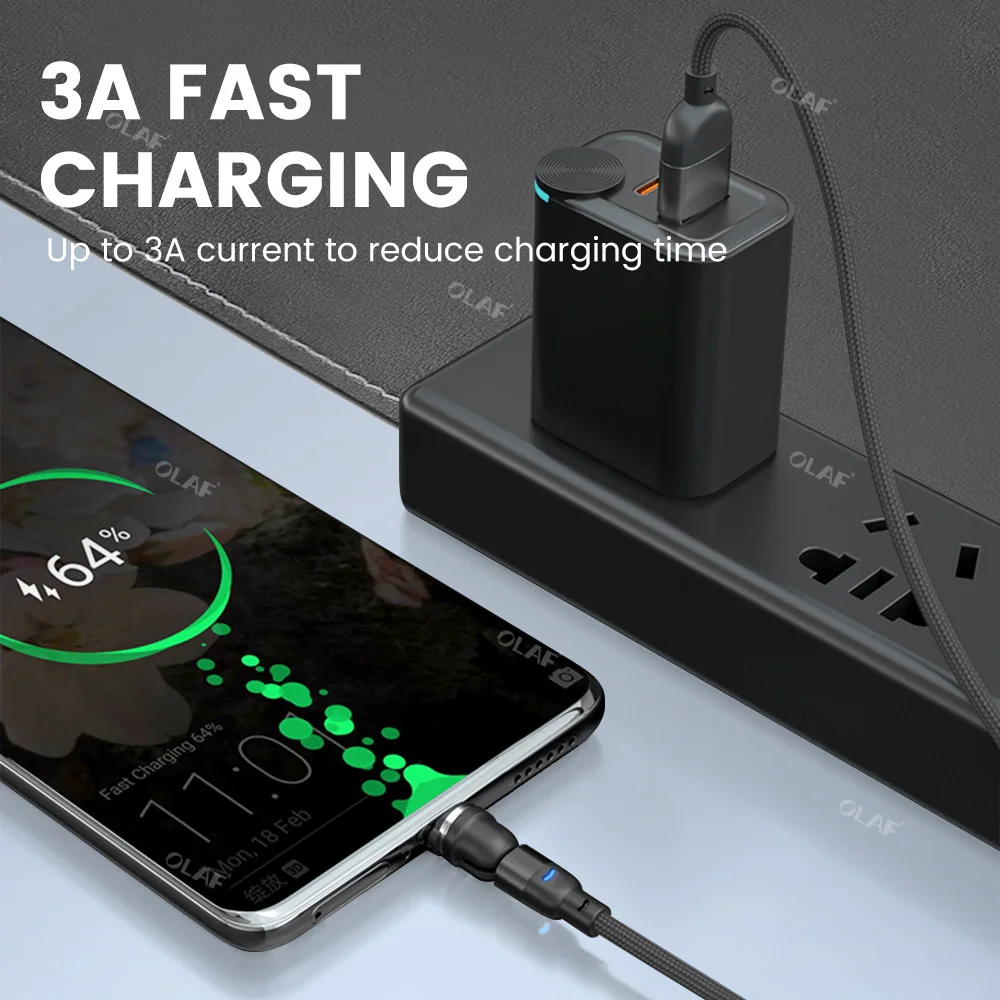 Магнитный кабель Olaf с поворотом на 540 градусов 3A USB Type C для быстрой зарядки iPhone Xiaomi