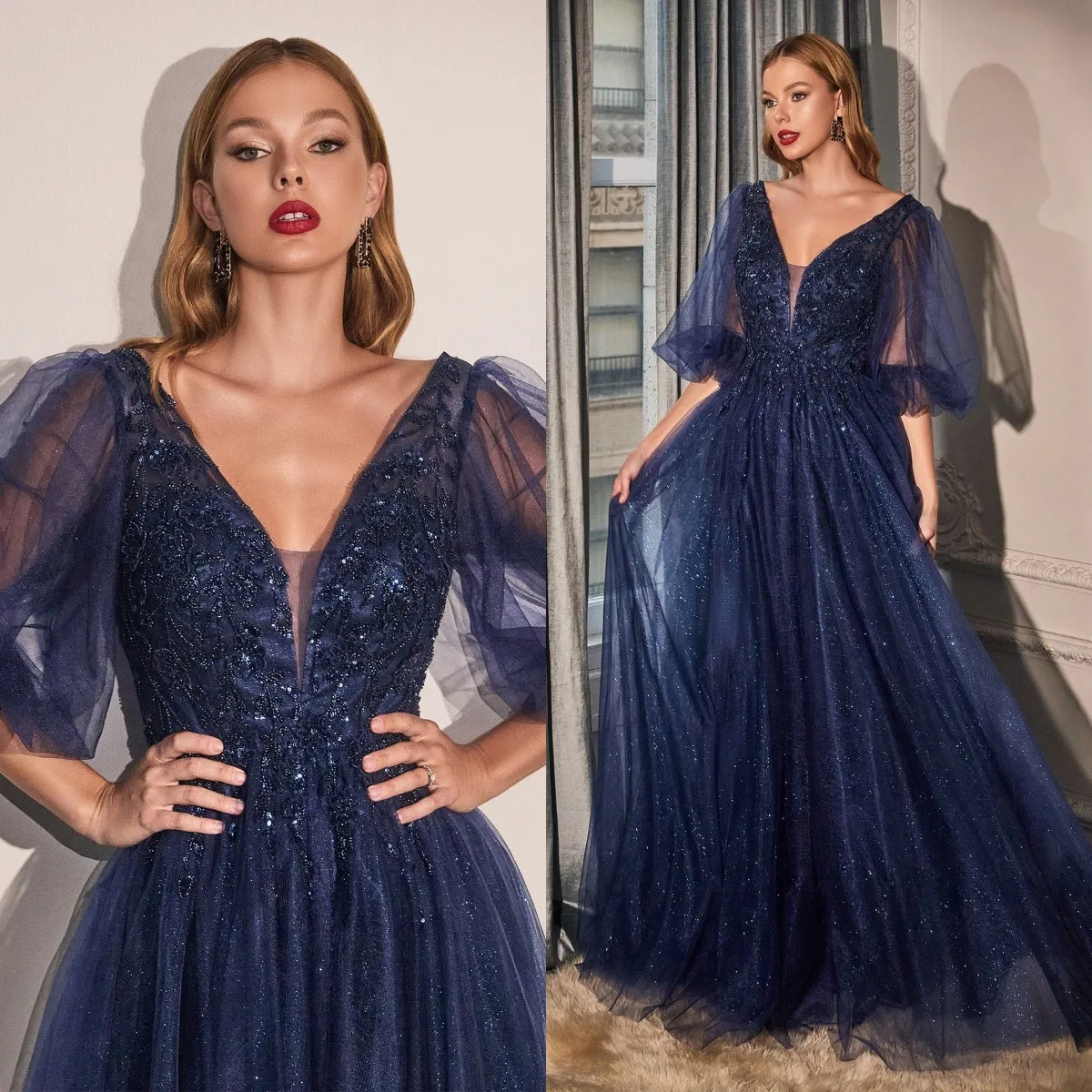 

Stunning Navy Blue A Line Tulle Prom Dresses Appliques Beads Half Sleeves Evening Gowns Celebrity Graduation Party Gowns Robes