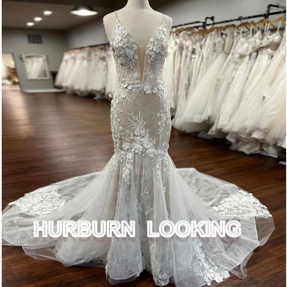 

HERBURN Delicate Mermaid Wedding Dresses Lace Tulle Deep V-Neck Straps 2023 Personalised Vestidos De Novia Vestido De Casamento