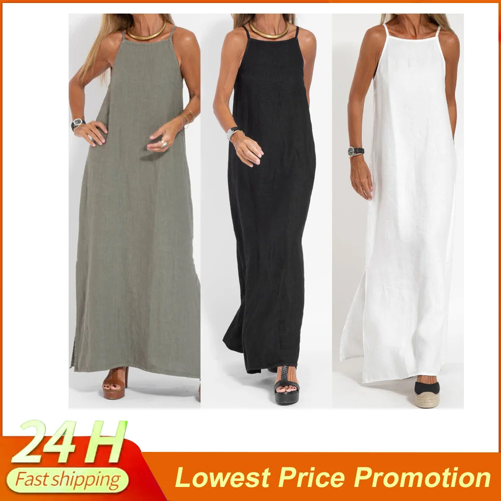 

Women Side Slit Dress Casual Strappy Maxi Vintage Spaghetti Strap Solid Color Chic Daily Long Dress