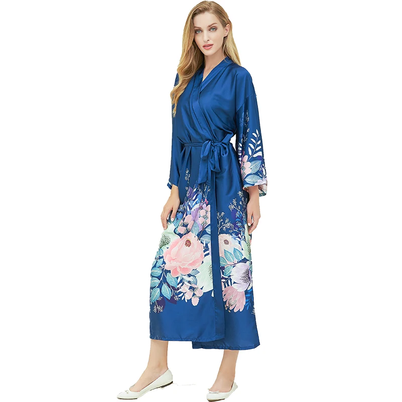 Robes Floral Style Satin Silk Robe Long Flower Printing Bride Robes Women Sleepwear Lady Bathrobe Home Wear