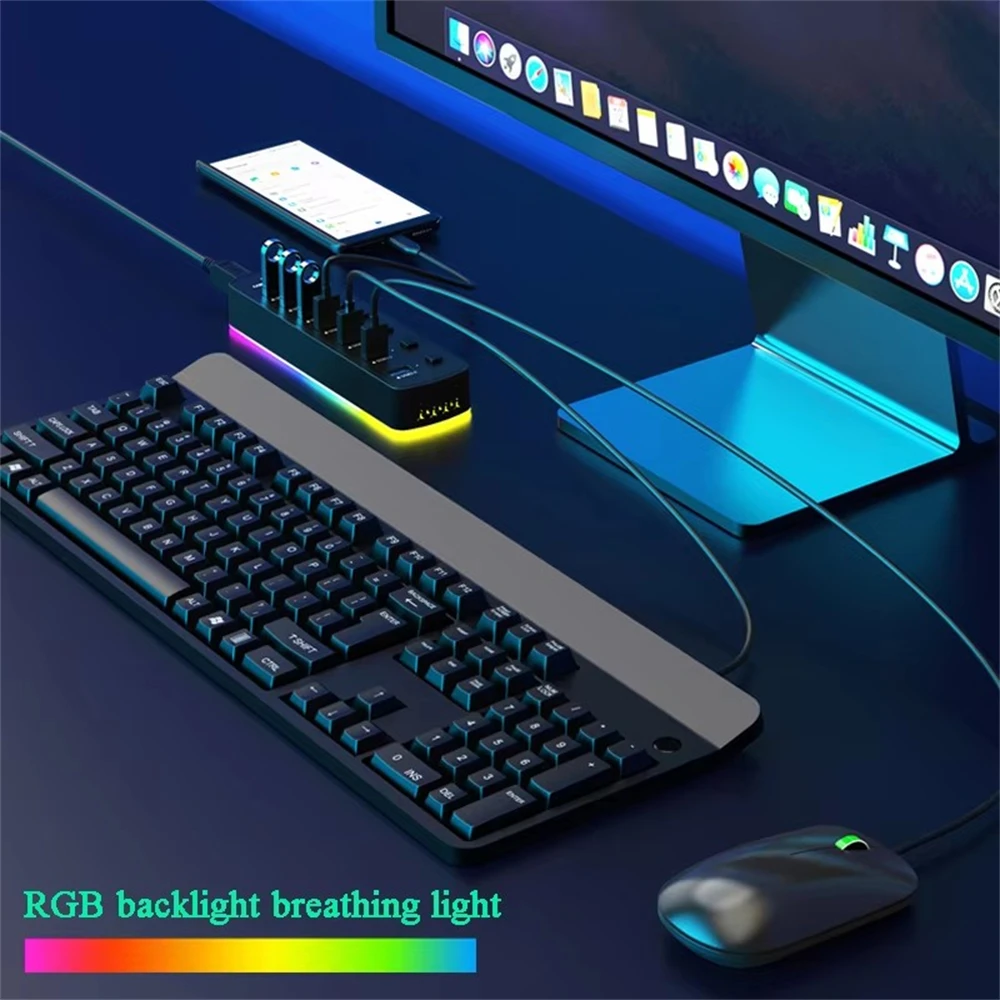 Фото USB-хаб на 7 портов USB 3.0, 5 Гбит/с, высокоскоростной USB-разветвитель с индивидуальными переключателями вкл/выкл для ПК, компьютерных аксессуаров, SSD, RGB USB-хаб №1