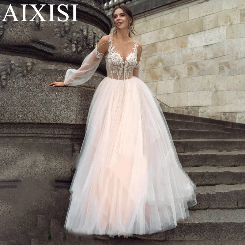 

AIXISI Lace Appliques Luxury Wedding Dress Bohemian Vestidos De Novia Robe De Mariee A-Line Sweetheart Full Puff Sleeve Backless