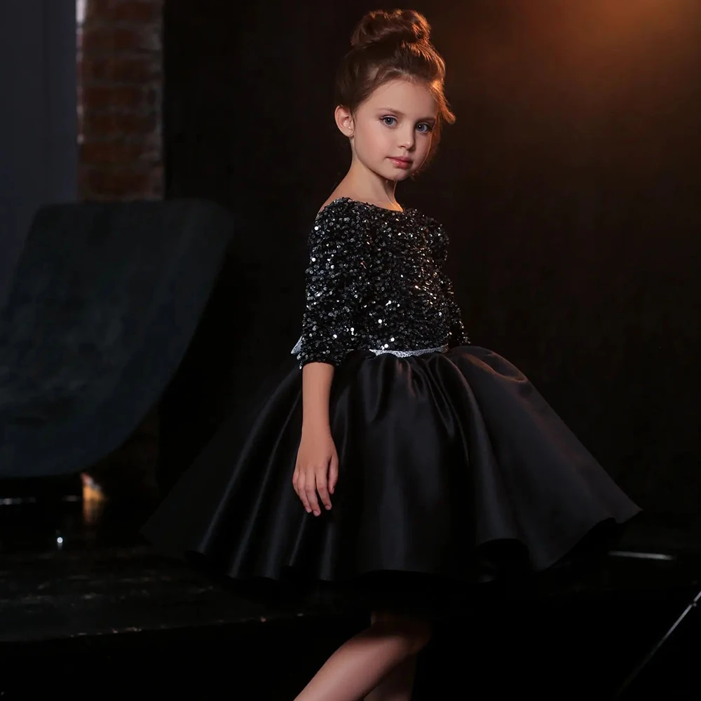 

Black Glitter Flower Girl Dress Princess Dress Long Sleeves Short Girl Dress Above Knee Girl Party Dress Christmas Gift