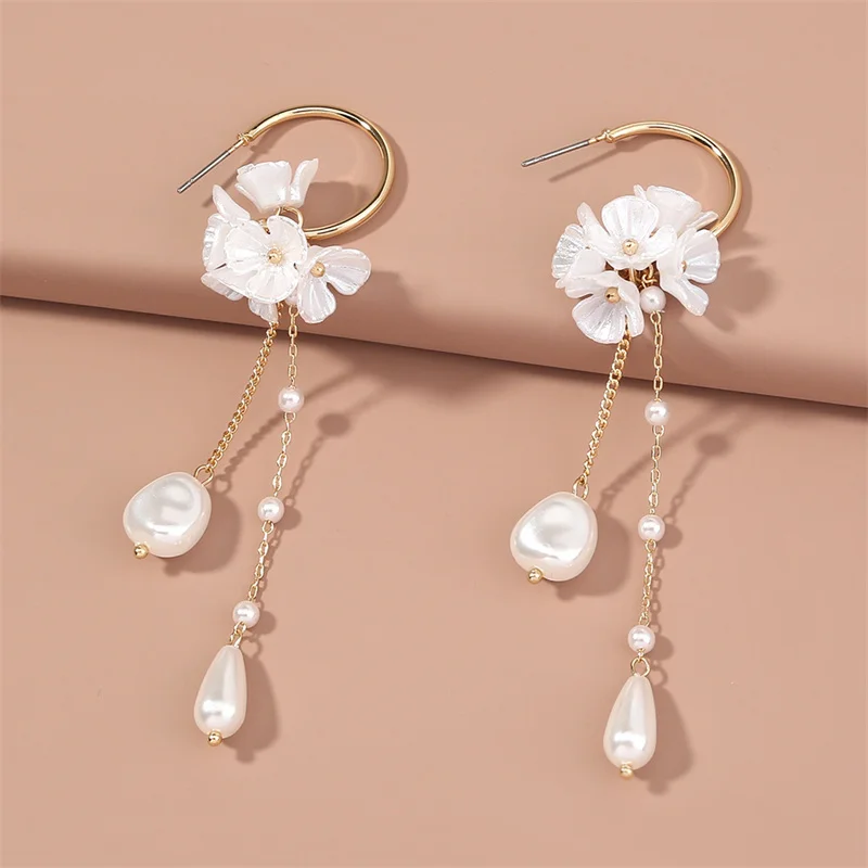 

Fashion Exquisite Long Flower Drop Earrings Pure White Imitation Pearl Women Dangle Earrings Bridal Accessories Wedding Jewelry