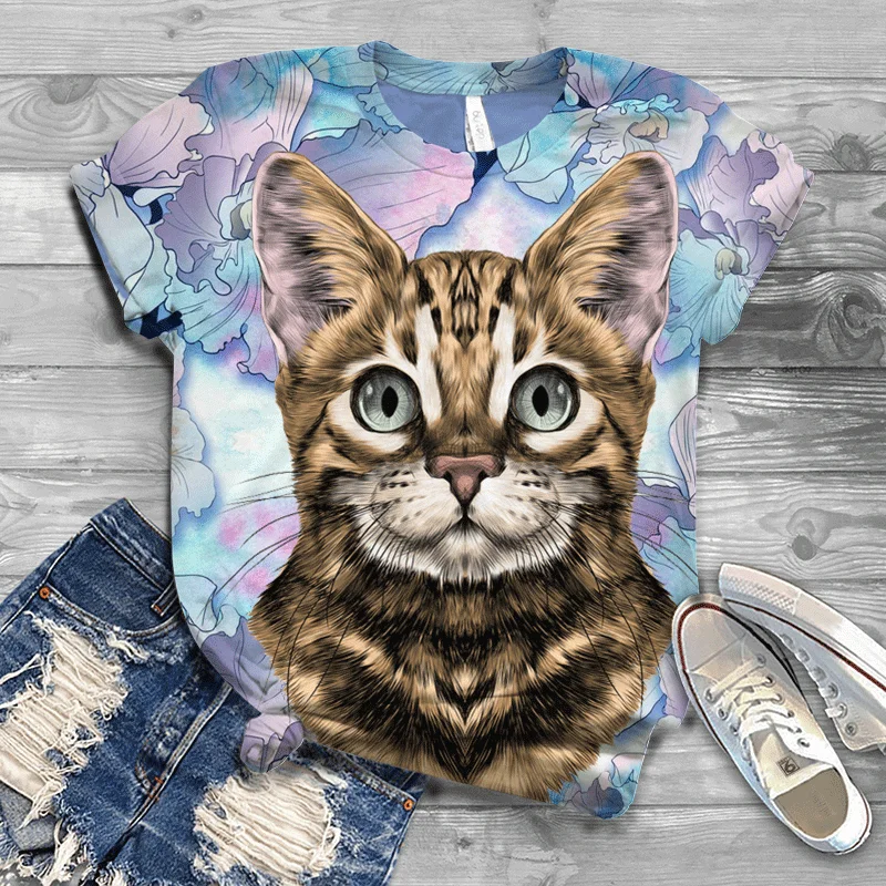 

Fall 2022 New Cat collection Digital print CVC cotton blend fashion Tee classic women's short sleeve top