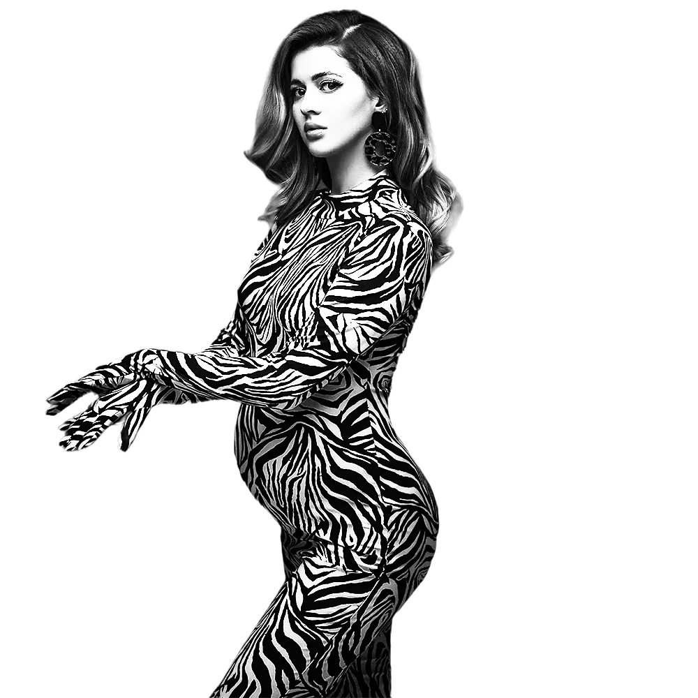 

Maternity Bodysuit Zebra Print Stretchy Fabric Gown for Photo Shoot Pregnancy Dresses Glove Long Sleeve Photography Props
