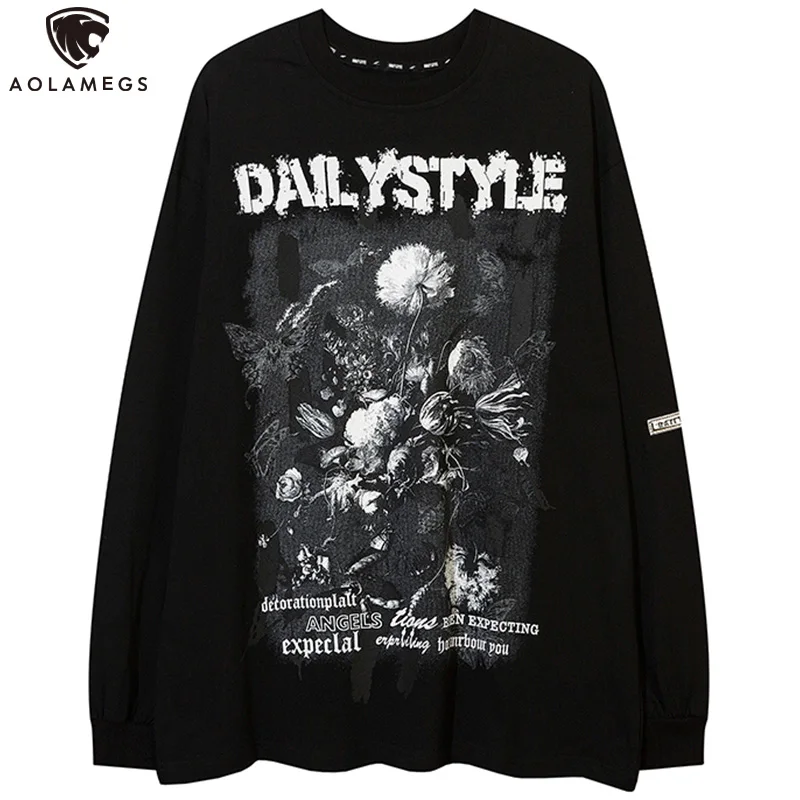

Aolamegs Men Oversized Sweatshirt Retro Abstract Flowers Letter Print Long Sleeves Pullover Hip Hop Harajuku Gothic Streetwear