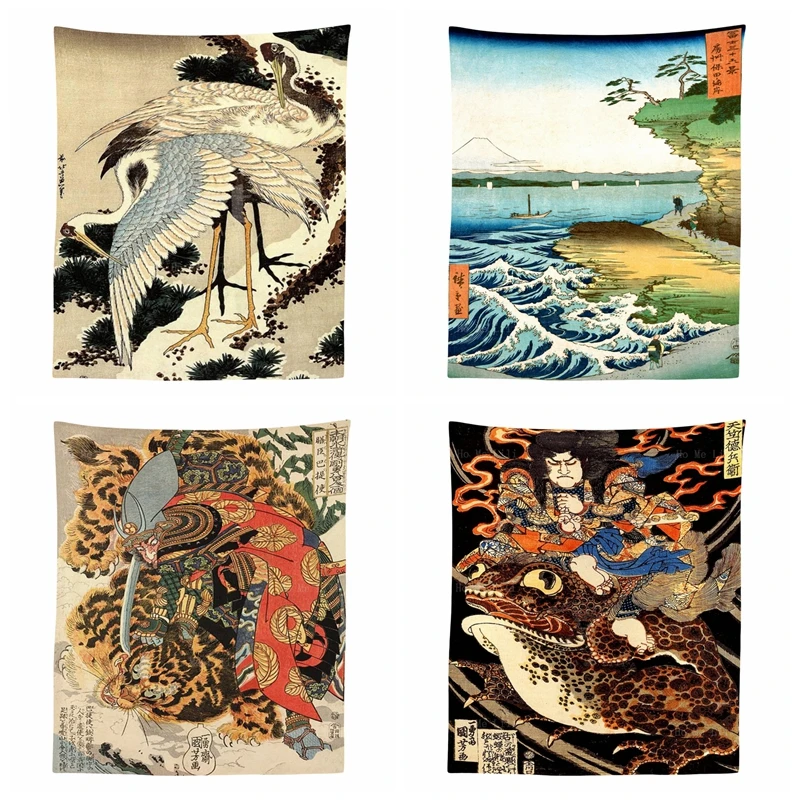 

The Falling Mist Waterfall Thirty Six Views Of Fuji Ukiyo E Retro Style Two Cranes Pine Polyester Tapestry By Ho Me Lili