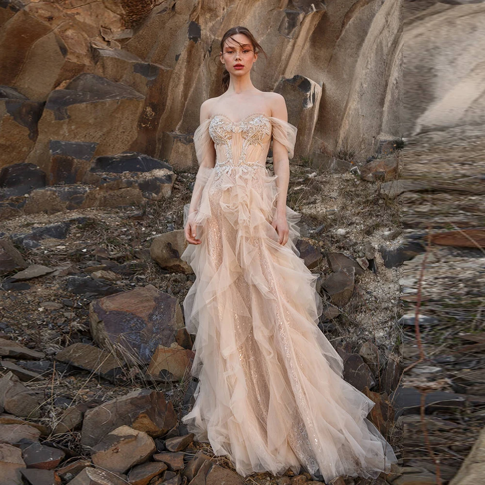 

Pink Tulle Evening Dresses 2022 A-Line Wedding Guest Party Gowns Elegant Off Shoulder Elegant Beaded Formal Occasion Dresses