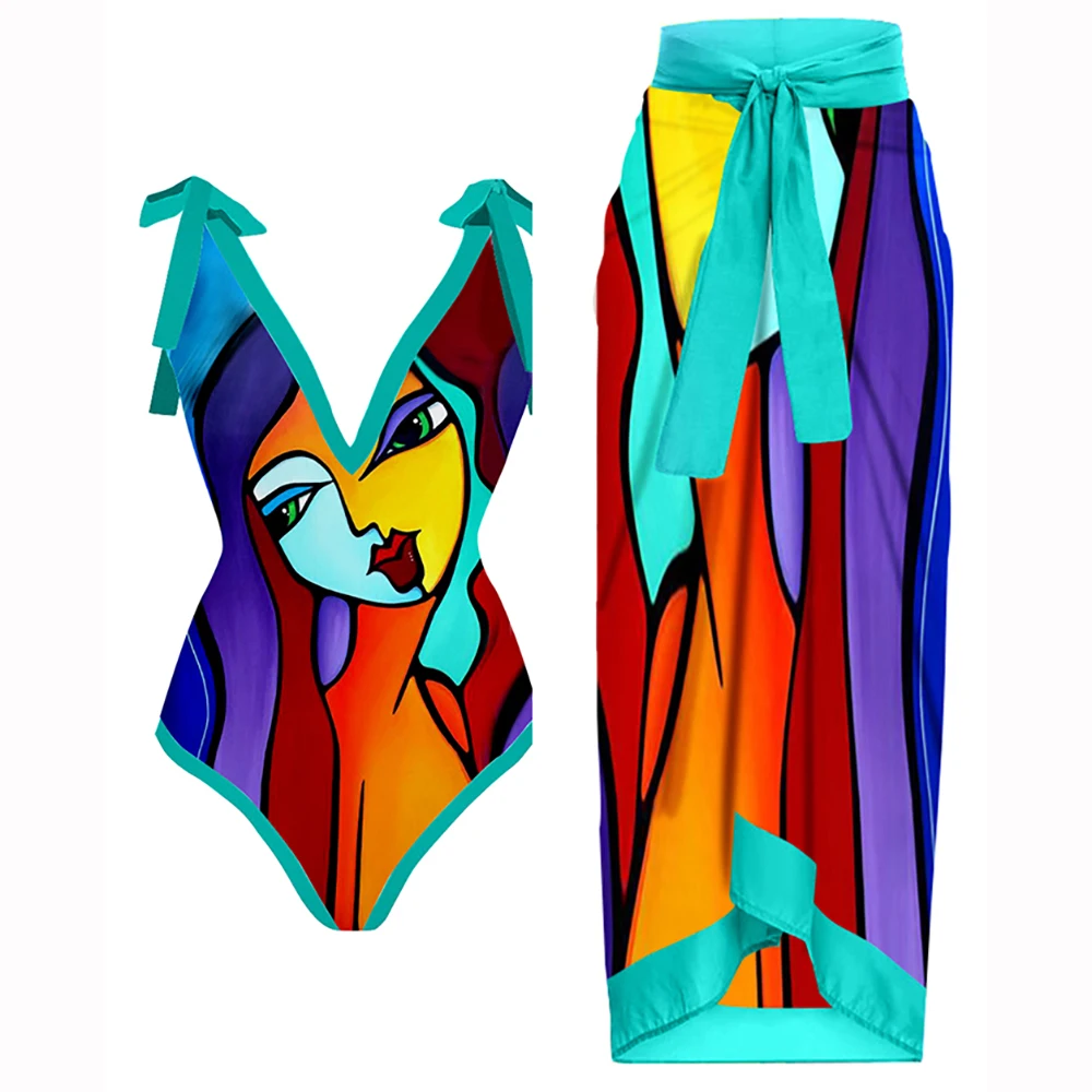 

Fashion Printed Bikinis Sexy Deep-v Beachwear One-piece Swimsuit Lacing Up Swimwear Summer Swimming Biquini Backless Monokini