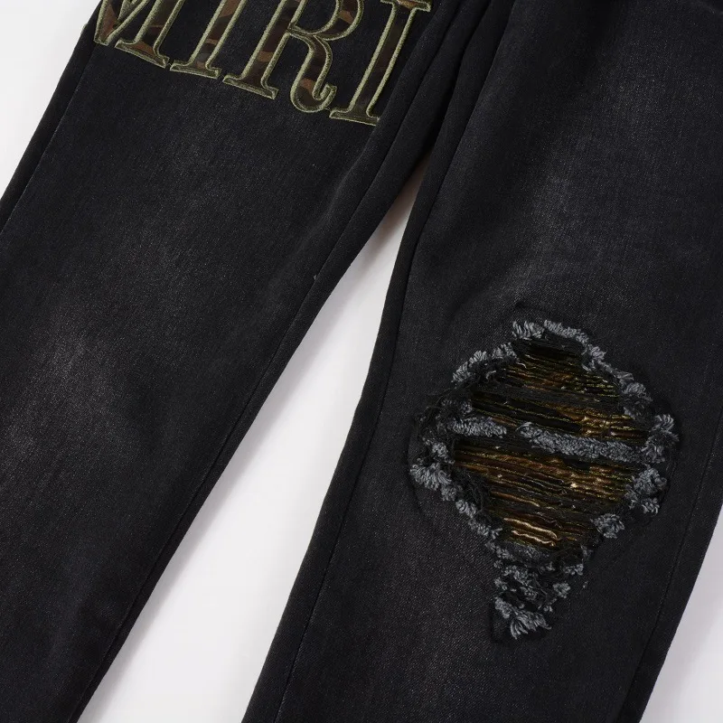 Men's Distressed Denim Pants Casual Streetwear Ripped Skinny Damaged Holes Stretch Destroyed Slim Jeans Army Green Wholesale