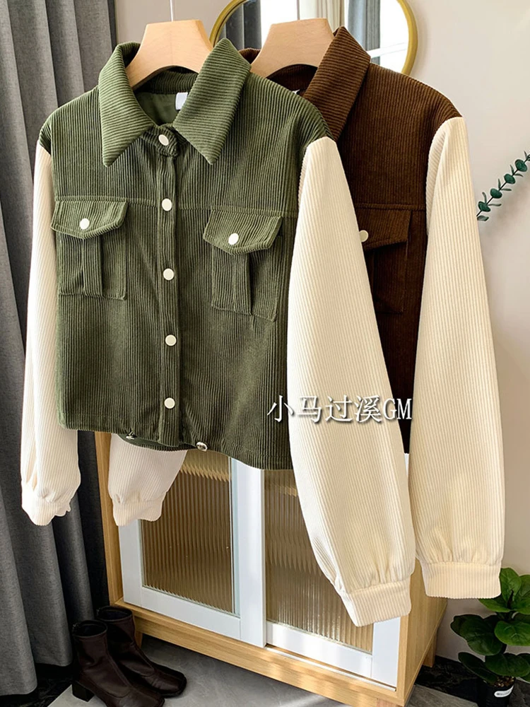 

Contrast Color Patchwork Women Vintage Short Jacket Outer Lapel Baggy Long Sleeve Classic Straight Female Coat Chic Harajuku