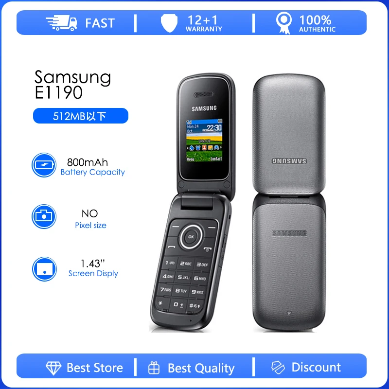 Samsung E1190 Refurbished-Original unlocked E1190 GSM 1.43 Inches 800mAh Mini-SIM Black Only Cellphone Old Flip Mobile Phone