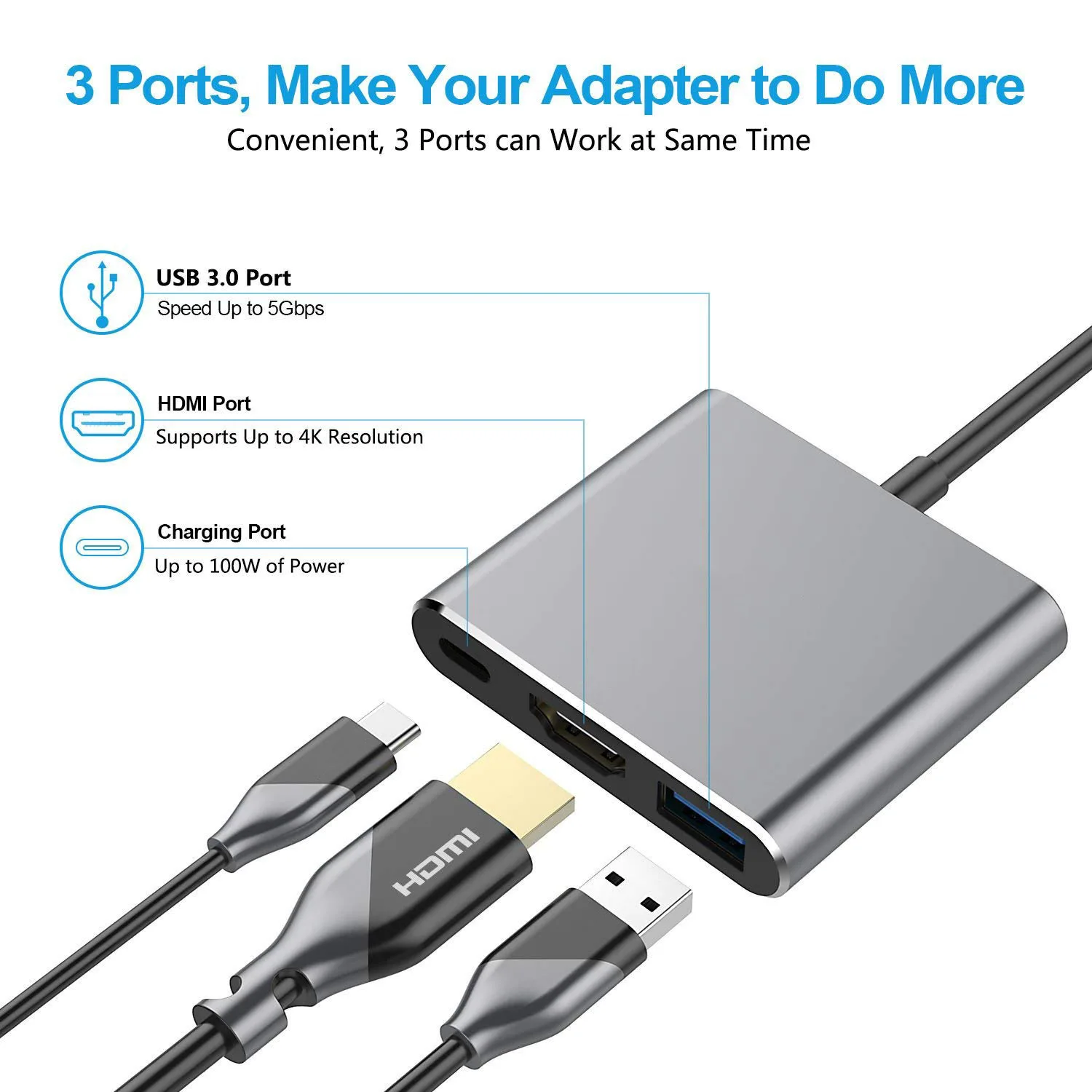 

USB-концентратор 3 в 1, Type-C на HDMI, USB 3,0, PD 100 Вт