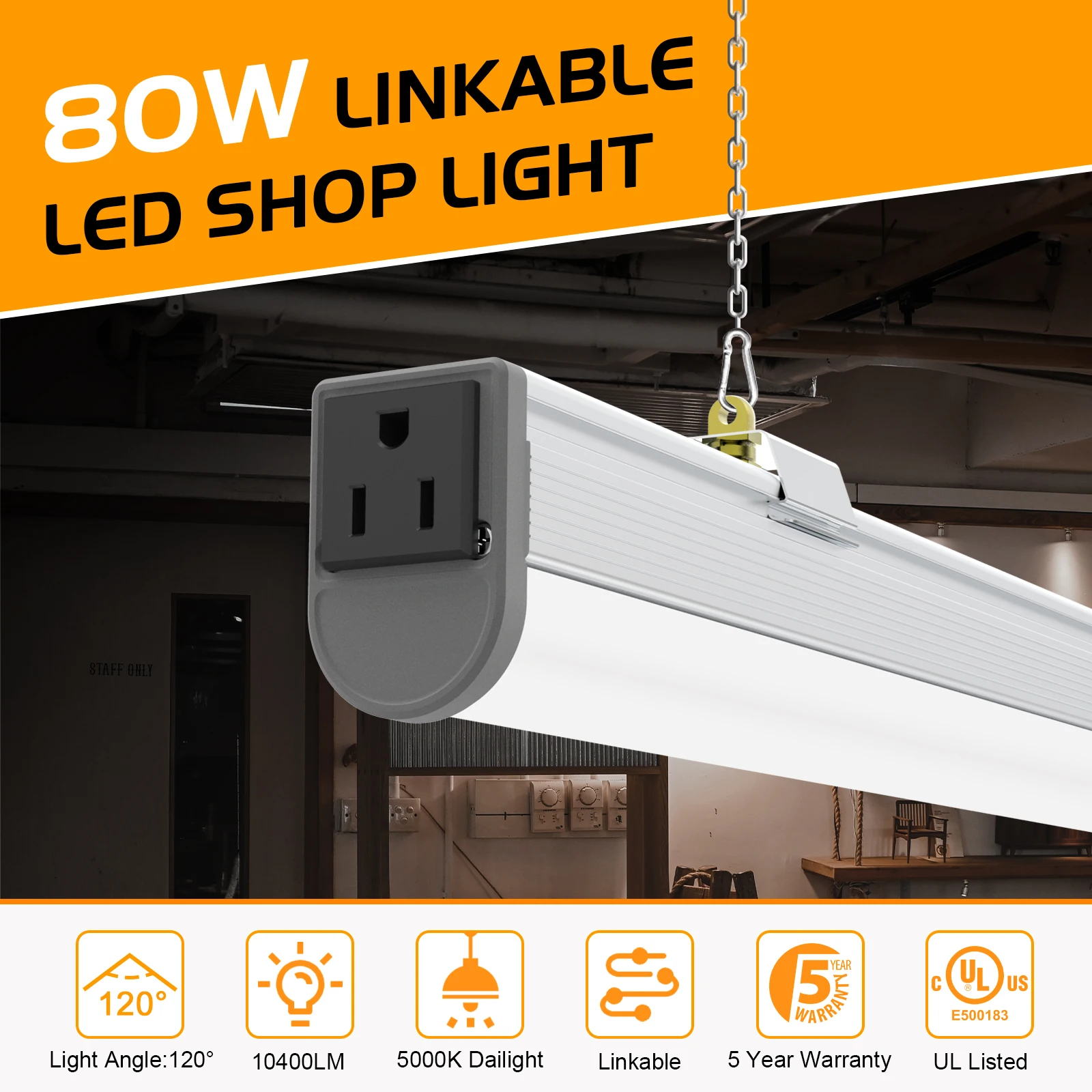 

Ngtlight Shop Lighting 5 Years Warranty ON/Off Pull Chain Suspended Flush Mount 120V 80W Linkable LED Tube Light