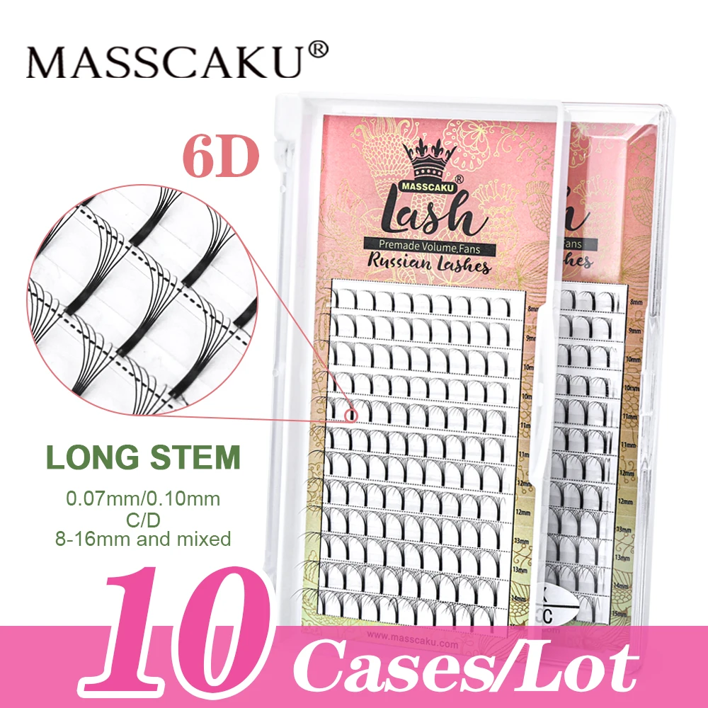 10case/lot MASSCAKU Long Stem Eyelash Extensions Premium Russian Volume Eyelash Premade Volume Fans Faux Mink Lashes Supplies
