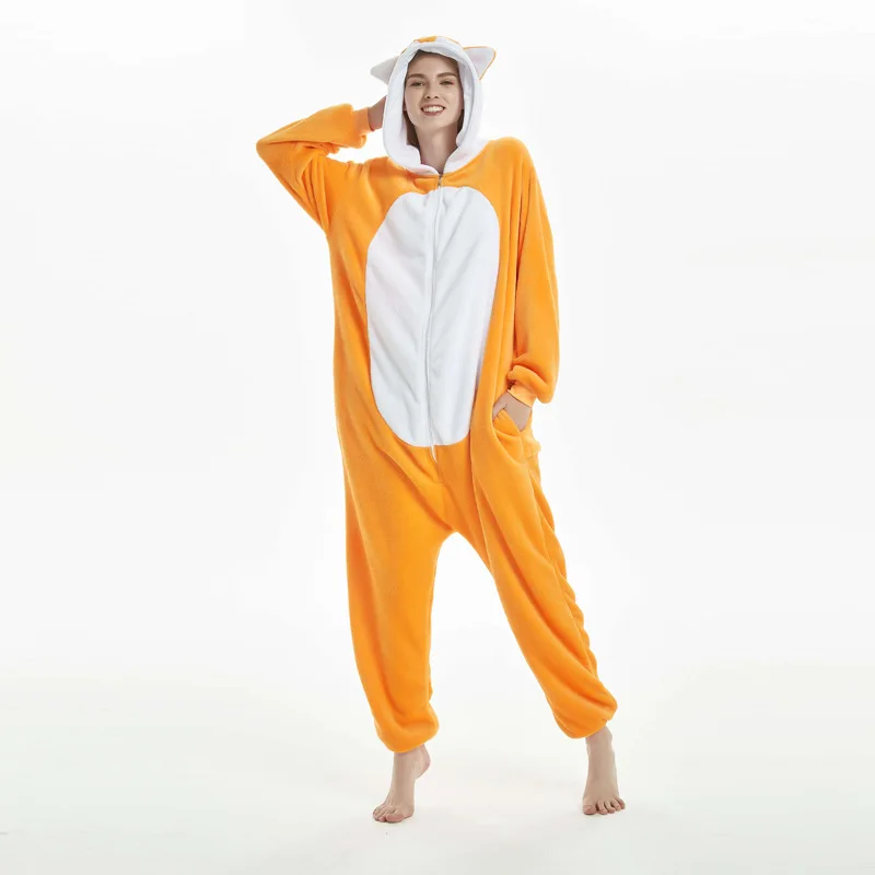 Family Kigurumi Pajamas Orange Embroidery Fox Animal Onesie Cosplay Costume Pajamas For Kids and Adults With Slippers