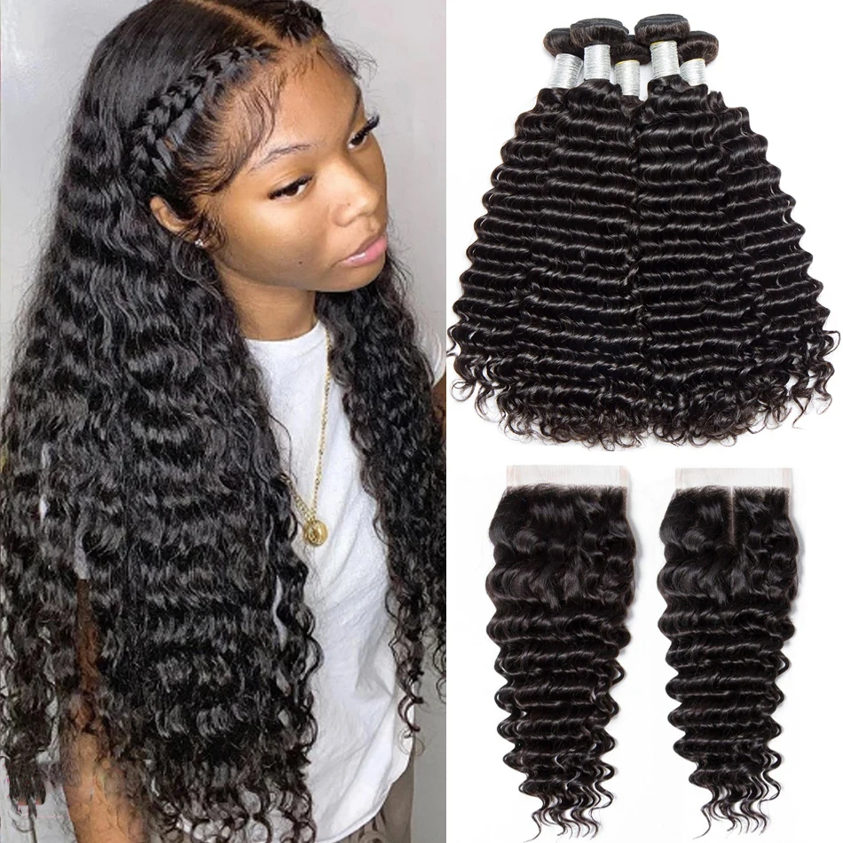 

12A Deep Wave Human Hair 3/4 Bundles With Closure Brazilian Deep Curly Hair Black Bundles 100% Unprocessed Virgin Human Hair