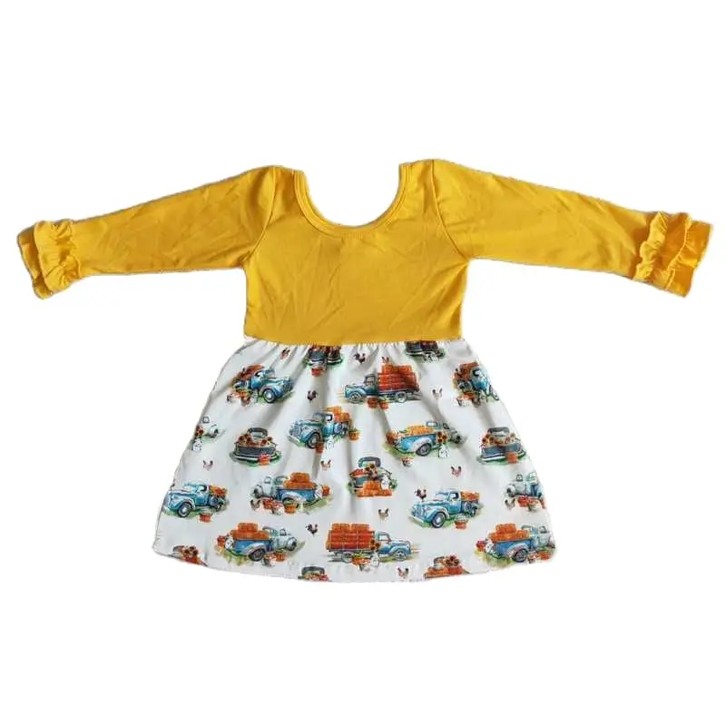 

6 B7-18 Baby Clothing Long Sleeve Car Print Kids Dresses For Girls Milk Silk