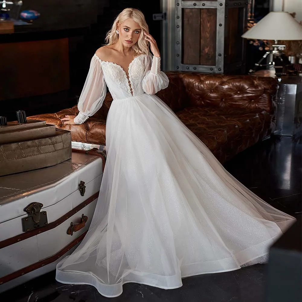 

Bohemian Bride Dresses Deep V-Neck Illusion Sparkle Tulle Back Button Wedding Dress Lace Appliques Off Shoulder Bridal Gown 2022