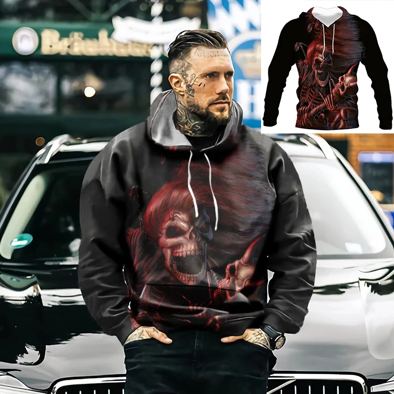 

Horror Pattern Men's Hoodie Funny 3D Printed Skull Long Sleeve Casual Hip-hop Hoodies Pullover Fun Street Sweatshirt S2